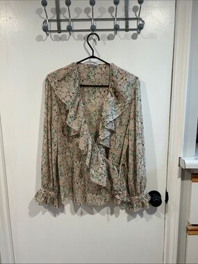Mango Pink and Green Floral Ruffle Wrap Blouse